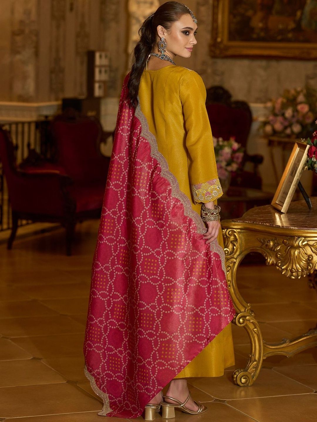 Ethnic Motifs Embroidered A-Line Bandhani Zari Kurta With Trousers & Dupatta