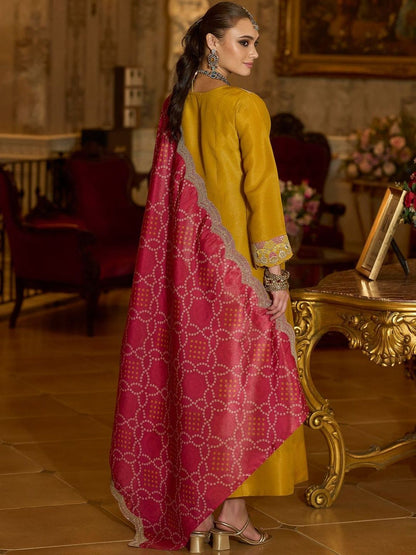 Ethnic Motifs Embroidered A-Line Bandhani Zari Kurta With Trousers & Dupatta