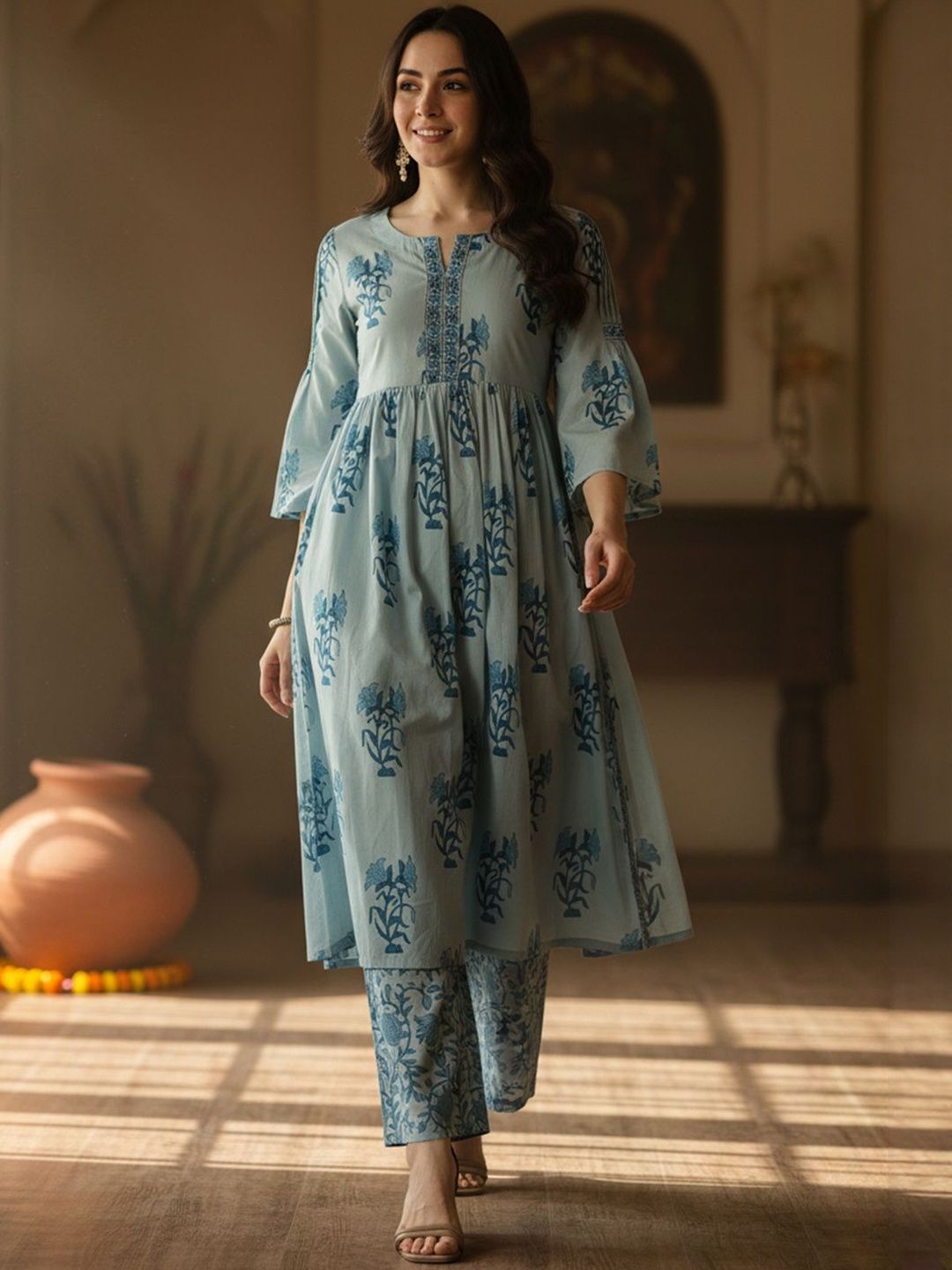 Floral Printed Empire Notch Neck Pure Cotton A-Line Kurta With Palazzos