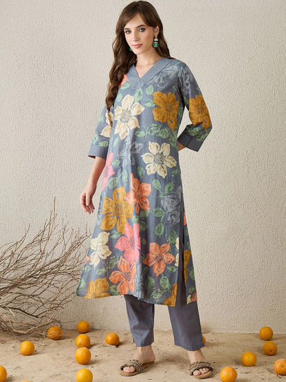 Dhiyona IE Printed V-Neck Pure Cotton Tunic With Trouser