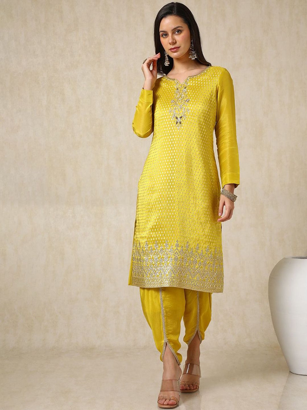 Dhiyona SO Women's Ethnic Motifs Woven Design Straight Kurta with Dhoti Pants & Dupatta