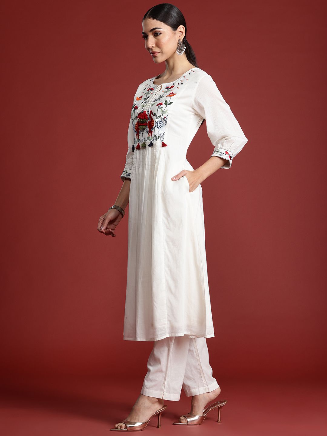 Floral Embroidered Panelled Thread Work Pure Cotton Kurta with Trousers