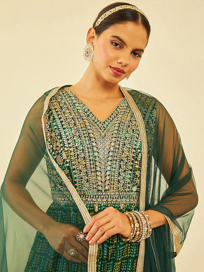 Dhiyona SO Women's Green Bandhani Printed Thread Work Georgette Anarkali Kurta & Churidar With dupatta
