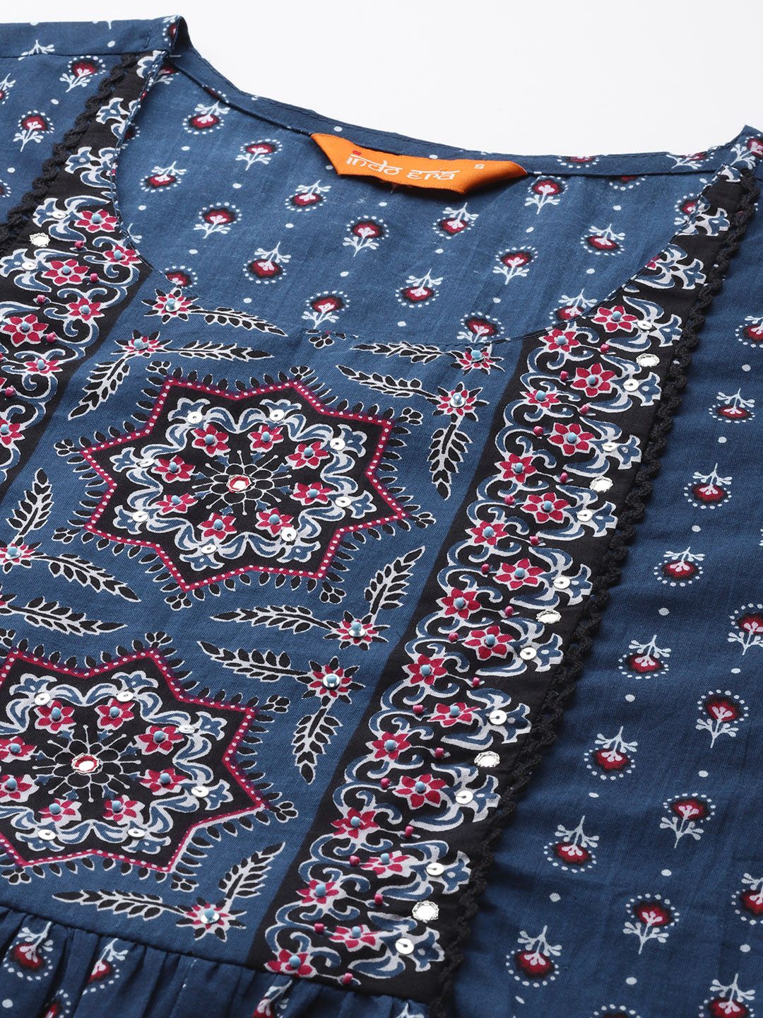Dhiyona IE Ethnic Motifs Printed Panelled Beads & Stones Pure Cotton Kurta with Trousers