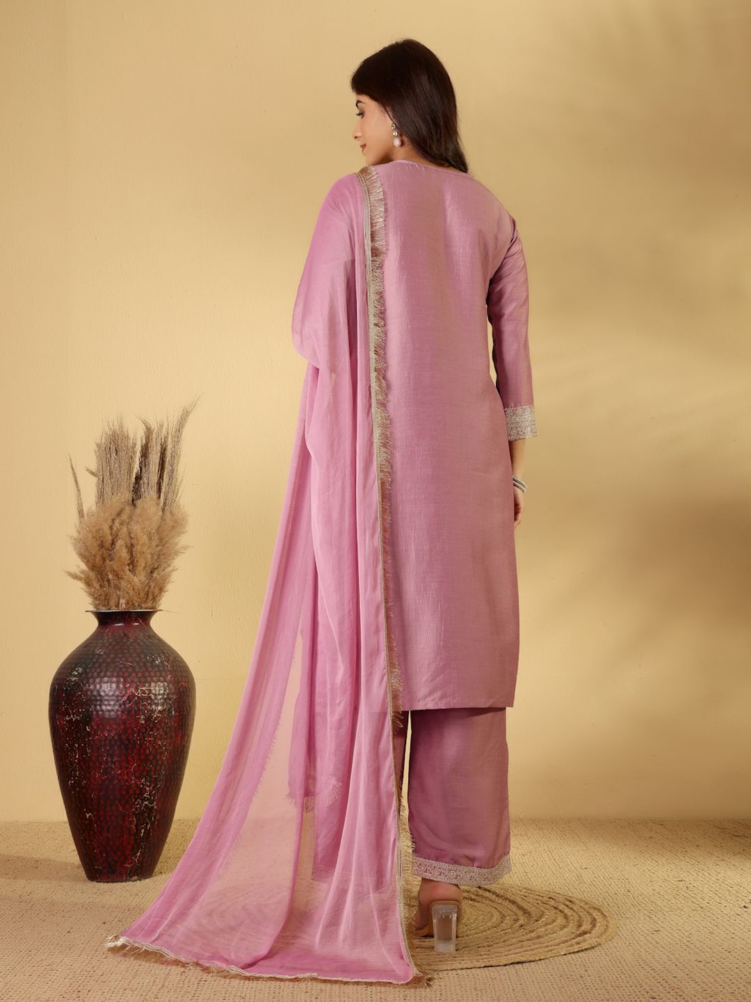 Dhiyona PD Women Embroidered Notch-Neck Straight Kurta With Trousers And Dupatta