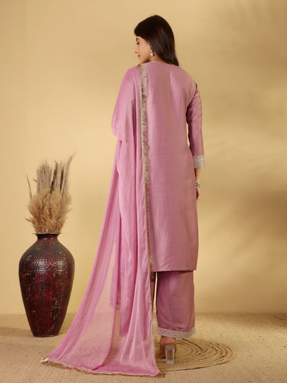 Dhiyona PD Women Embroidered Notch-Neck Straight Kurta With Trousers And Dupatta
