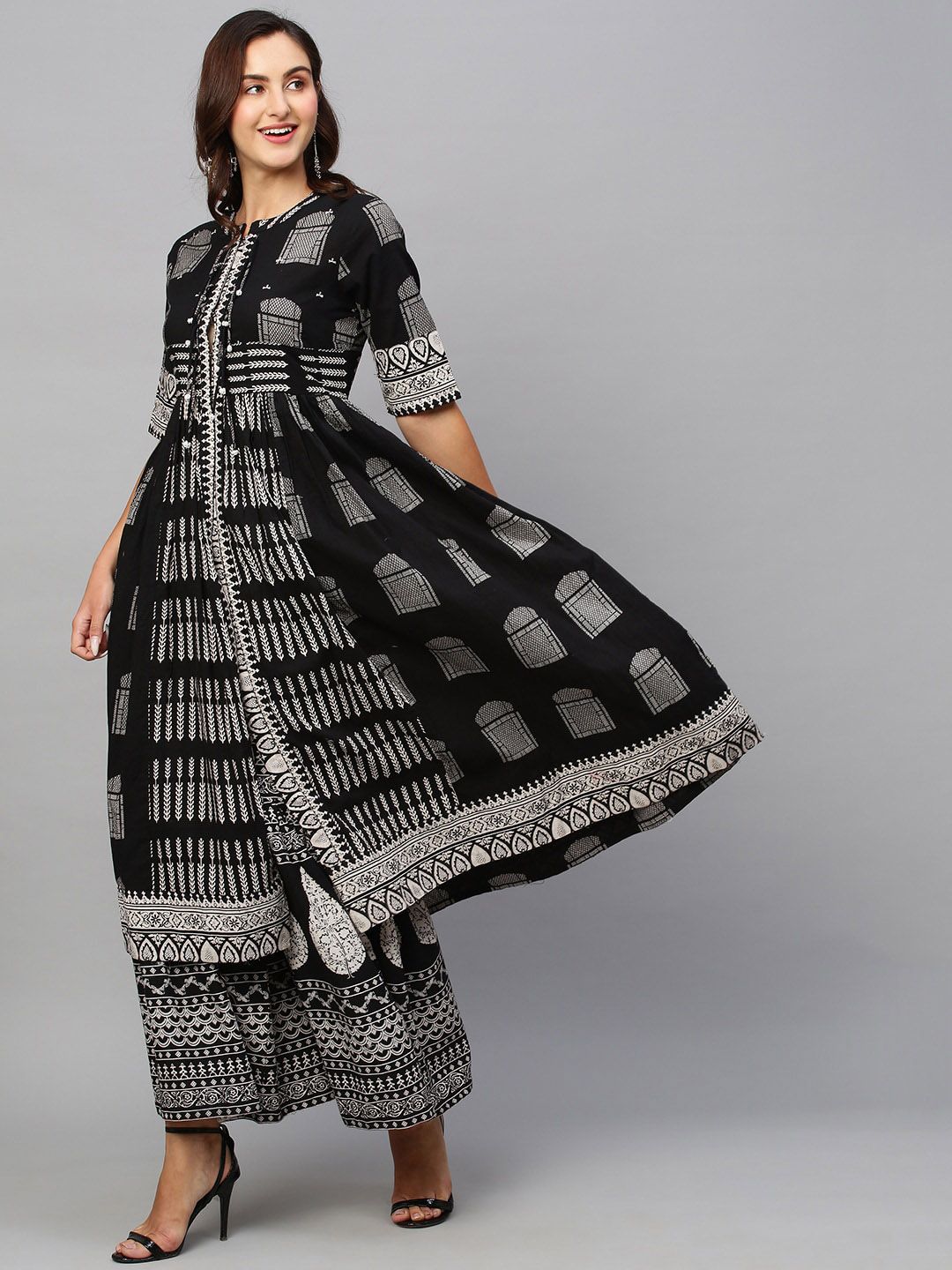 Dhiyona SN Women's Ethnic Motifs Printed Pure Cotton A Line Kurta With Palazzos