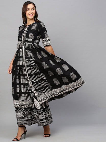 Dhiyona SN Women's Ethnic Motifs Printed Pure Cotton A Line Kurta With Palazzos