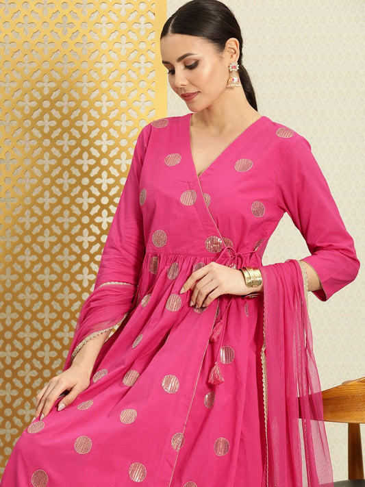 Dhiyona PD Women Women Angrakha Sequinned Pure Cotton Jashn Kurta with Skirt & Dupatta