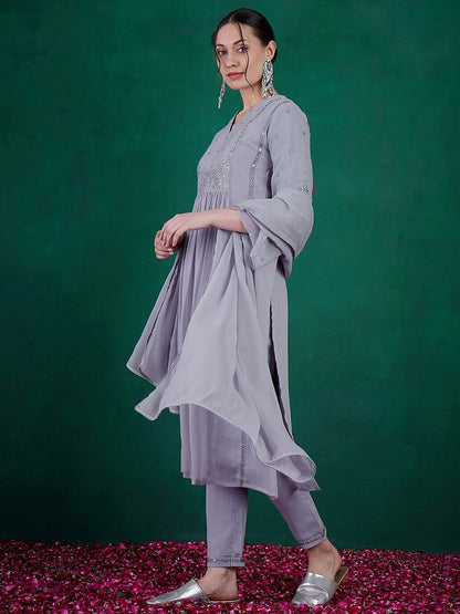 Dhiyona SN Women's Floral Embroidered A-Line Kurta With Trouser & Dupatta