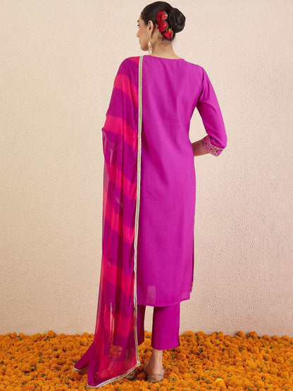 Women Solid Embroidered Kurta with Pyjama & Dupatta