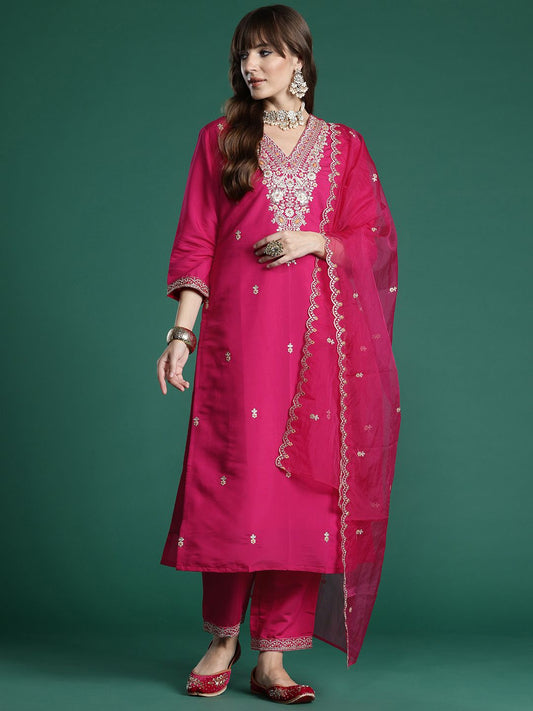 Dhiyona IE Ethnic Motifs Embroidered Sequinned Kurta with Trousers & With Dupatta
