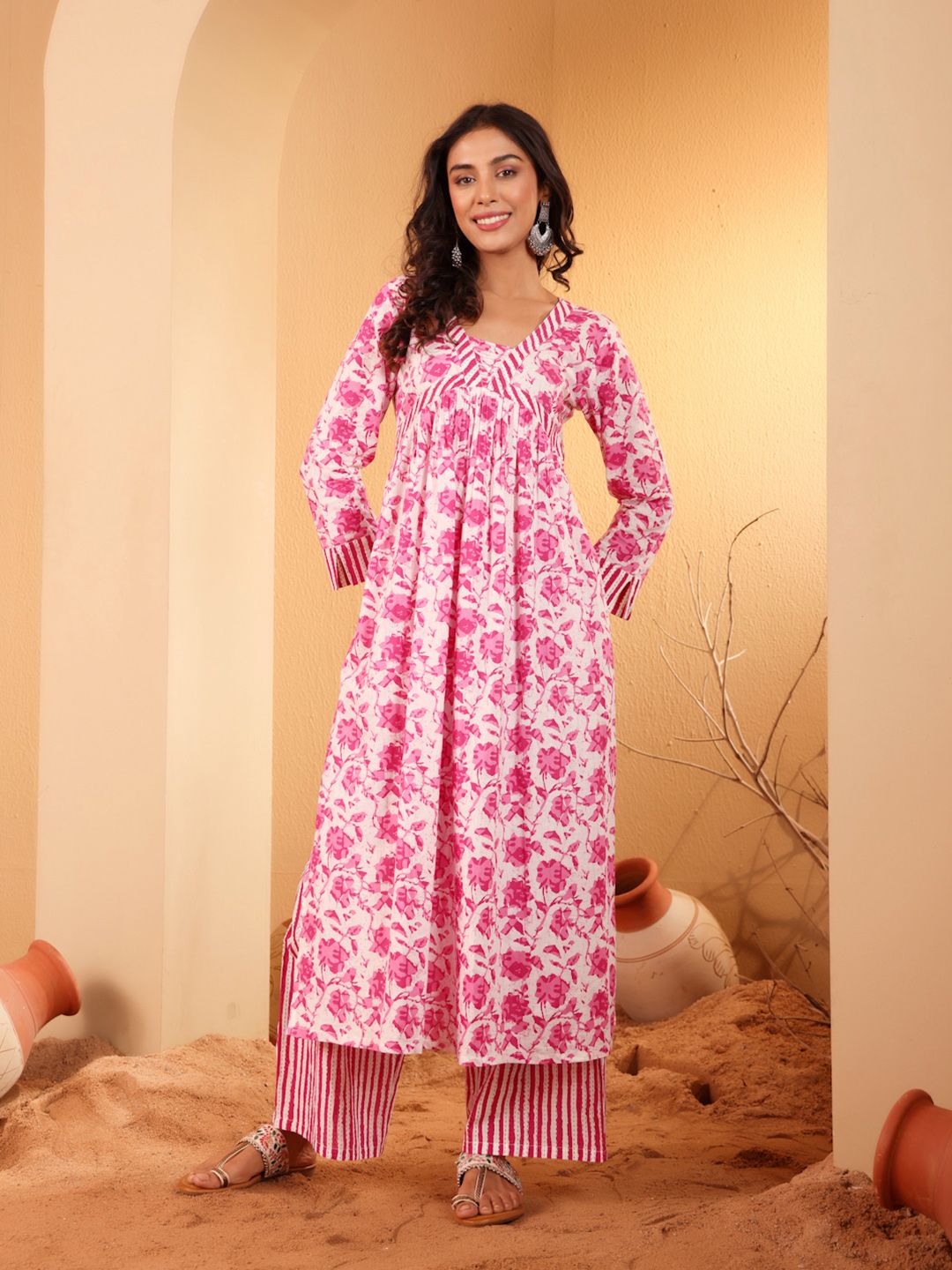 Dhiyona VA Women'sFloral Printed V Neck Pure Cotton A Line Kurta With Palazzos And Dupatta