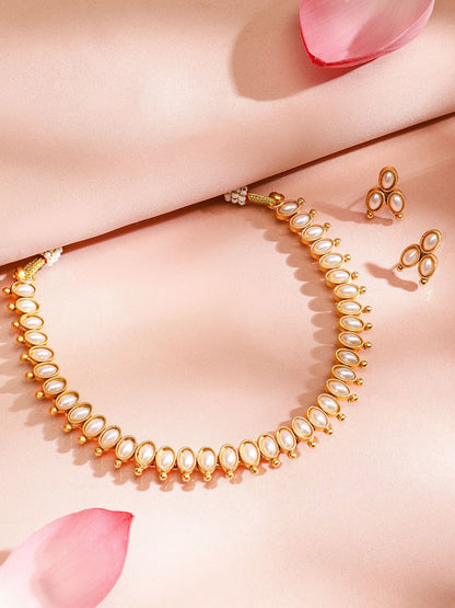 Dhiyona RJ Women's 22KT Gold Plated Stylish Pearl Studded Oval Link Design Choker Necklace Set