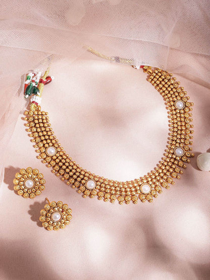Dhiyona RJ Women's 22K Gold-Plated White Pearl Studded Traditional Choker Necklace Set with Gold Beads