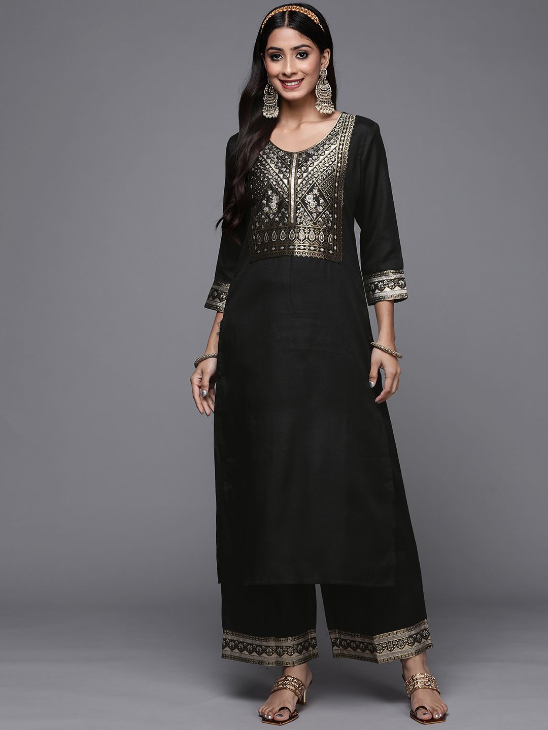 Dhiyona IE Women Black Ethnic Motifs Yoke Design Kurta with Palazzos