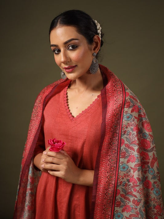 Women's Anarkali Pure Cotton Kurta With Trousers & Dupatta