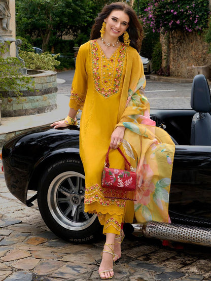Floral Embroidered Thread Work Kurta With Trousers & Dupatta