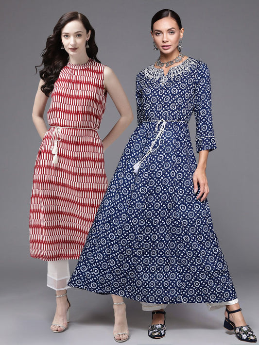 Dhiyona IE Pack Of 2 Floral Printed Notch Neck A-line Kurta