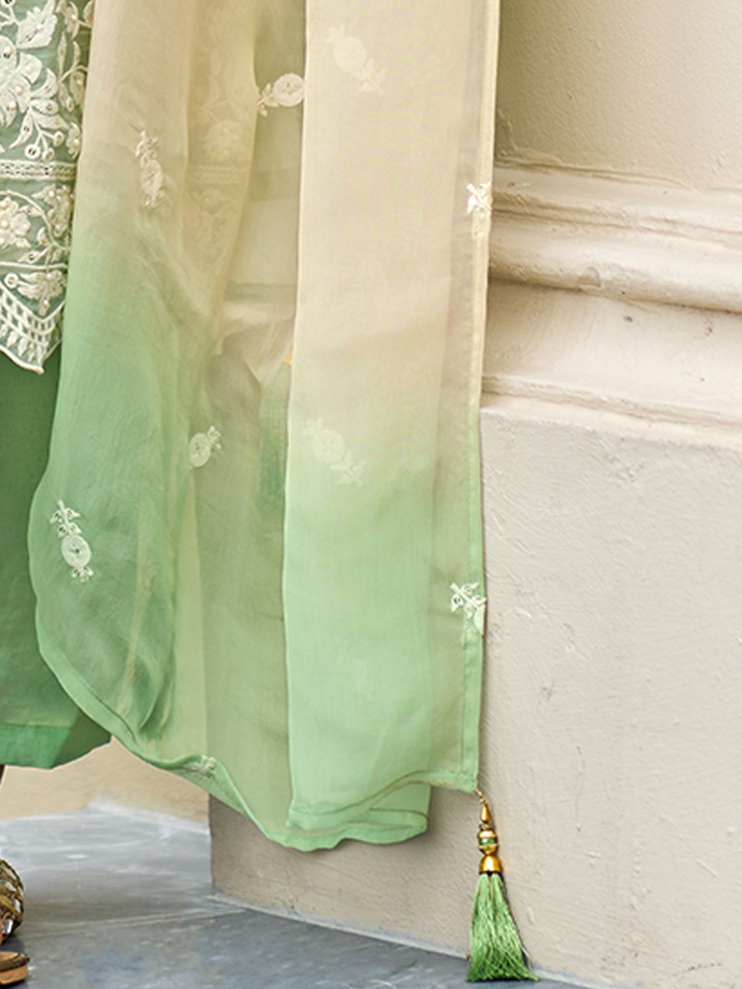 Floral Embroidered Sequinned Straight Organza Kurta With Trousers And Dupatta