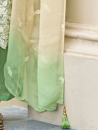 Floral Embroidered Sequinned Straight Organza Kurta With Trousers And Dupatta