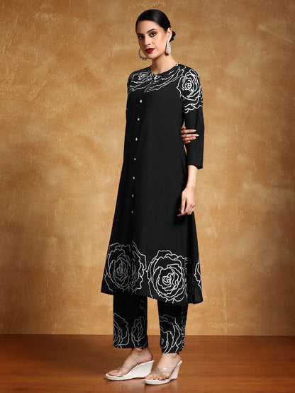 Dhiyona VA Women'sFloral Printed Mandarin Collar A-Line Pure Cotton Kurta With Trousers