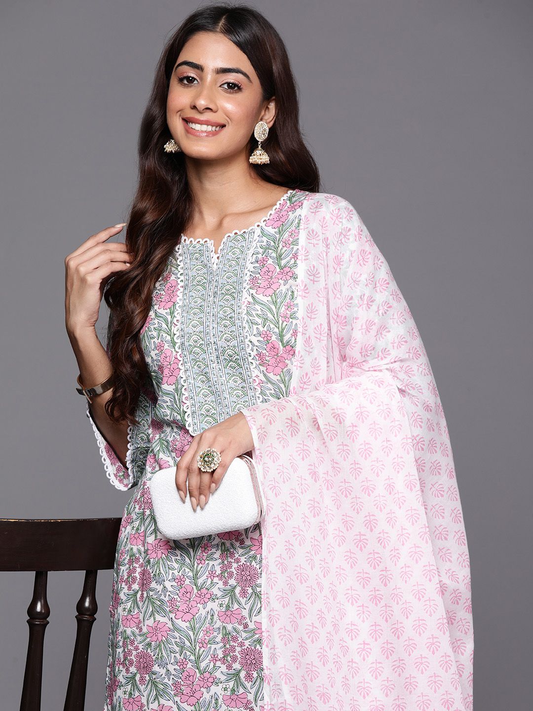 Dhiyona LB Women's Floral Printed Regular Pure Cotton Kurta with Palazzos & Dupatta