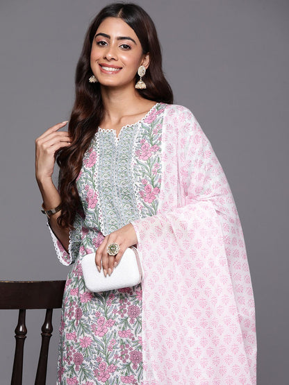 Dhiyona LB Women's Floral Printed Regular Pure Cotton Kurta with Palazzos & Dupatta