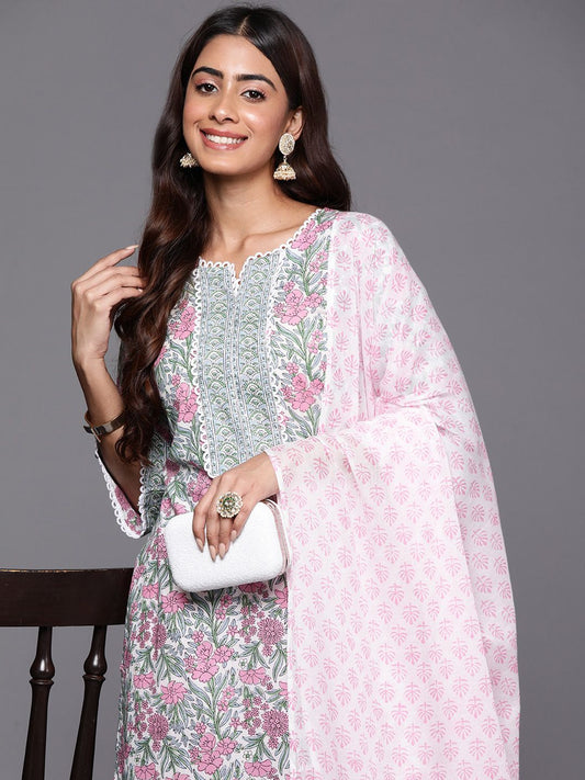 Dhiyona LB Women's Floral Printed Regular Pure Cotton Kurta with Palazzos & Dupatta