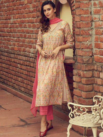 Dhiyona IS Women's Ethnic Motifs Printed Mirror Work Empire Anarkali Kurta with Trousers & Dupatta