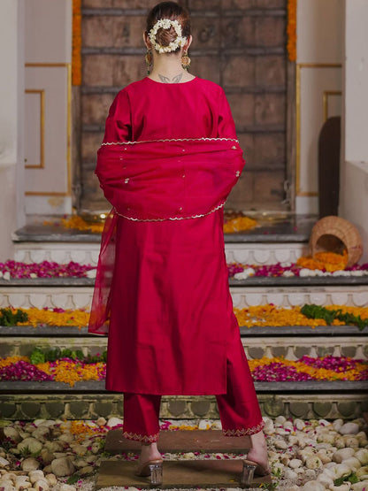 Embroidered Sequinned Straight Kurta With Trousers & Dupatta