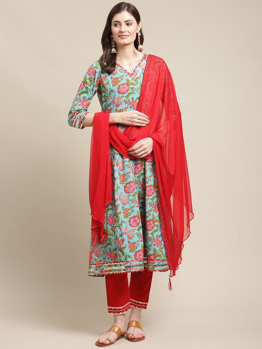Dhiyona VA Women's Blue Floral Printed Gotta Patti Kurti with Trousers & With Dupatta
