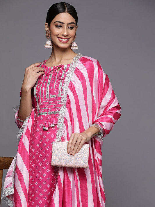 Dhiyona VA Women's Pink Bandhani Printed Kurta with Trousers & With Dupatta