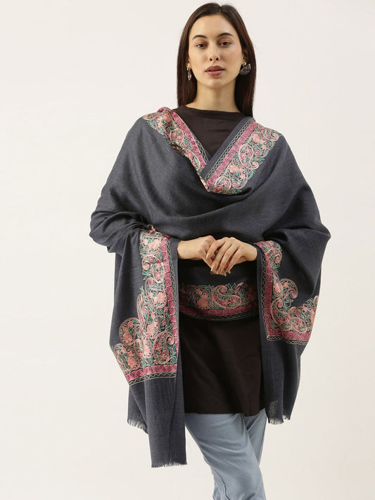 Dhiyona PA Women Navy-Blue & Pink Embroidered Pure Wool Shawl