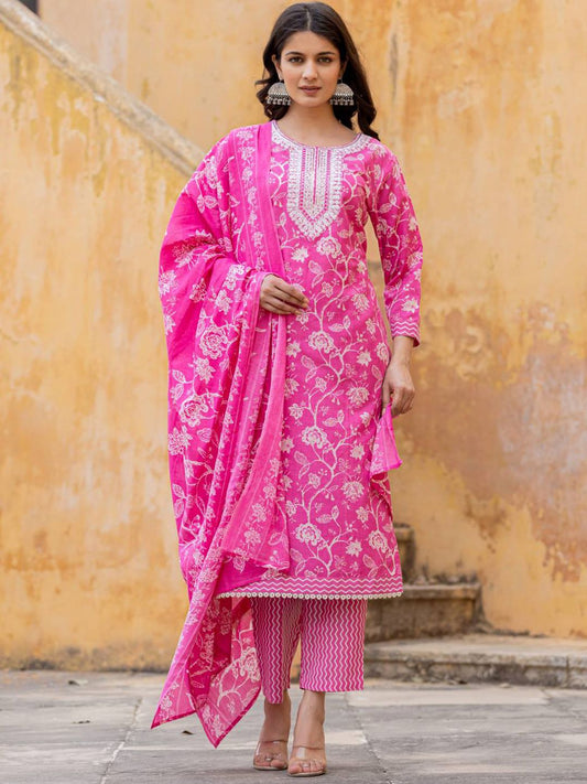 Dhiyona VA Women'sFloral Printed Regular Thread Work Kurta with Trouser & Dupatta
