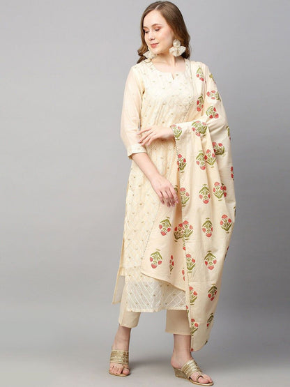 Dhiyona KL Checked Embroidered Notch-Neck Thread Work Straight Kurta With Trousers And Dupatta
