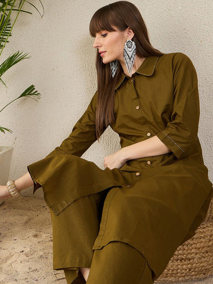 Dhiyona IE Pure Cotton Shirt Collar Neck Tunic With Trousers Co-Ords