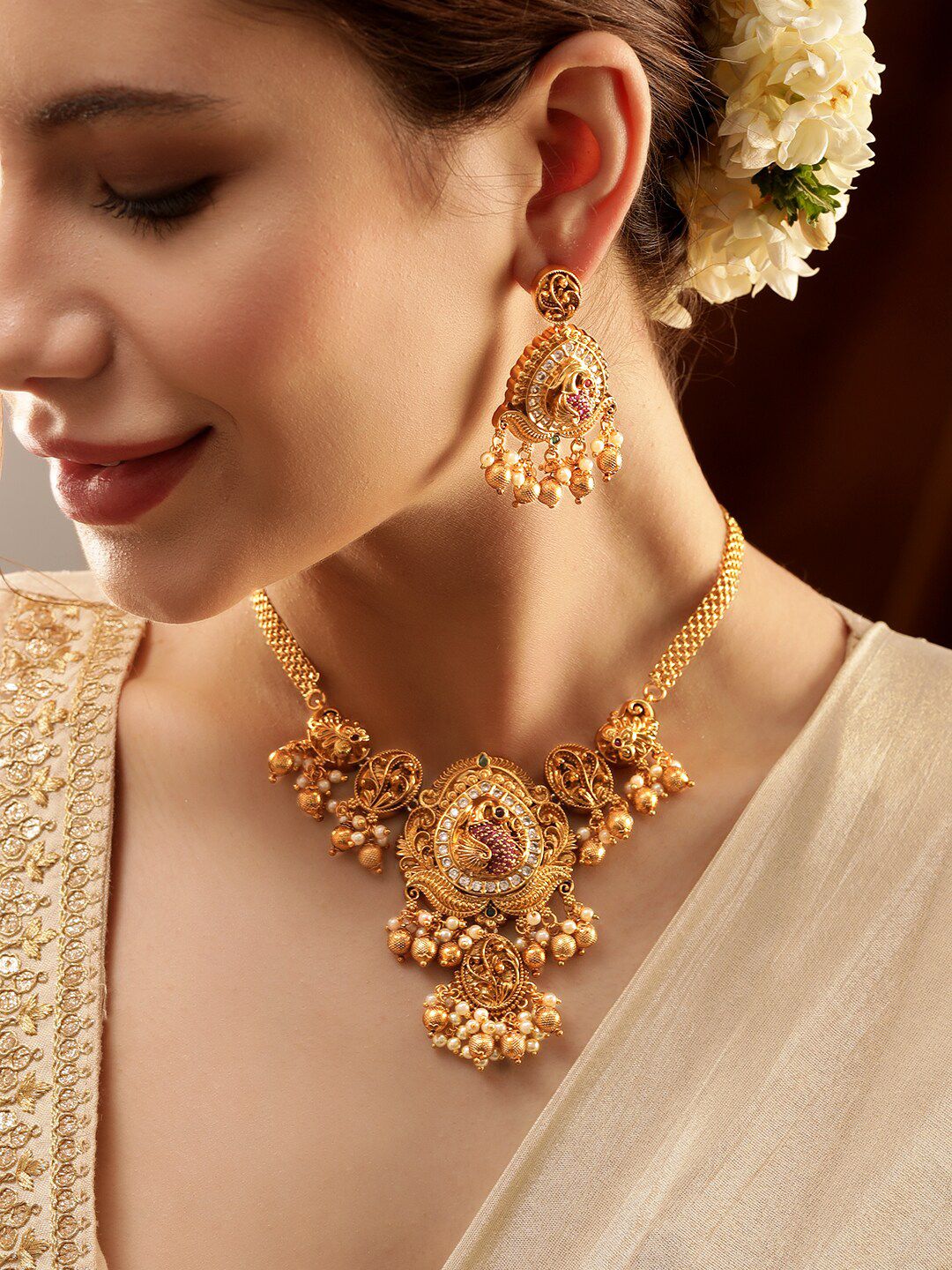 Dhiyona RJ Women's 24K Gold-Plated Peacock Motif Ruby & CZ Studded Pearl Beaded Temple Jewellery Set