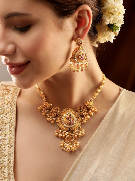 Dhiyona RJ Women's 24K Gold-Plated Peacock Motif Ruby & CZ Studded Pearl Beaded Temple Jewellery Set