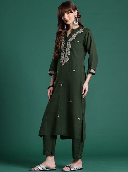 Floral Embroidered Thread Work Pure Cotton Kurta & Trousers