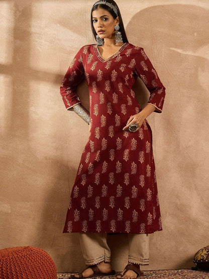 Dhiyona IE Floral Printed V-Neck Pure Cotton Thread Work Straight Kurta