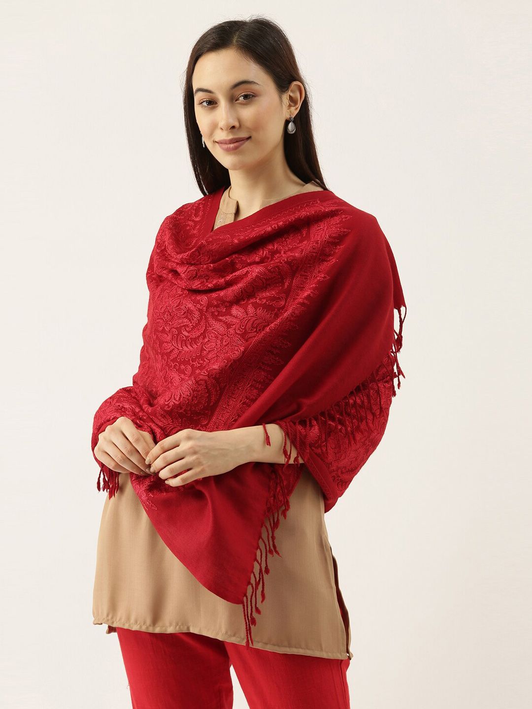 Dhiyona PA Women Maroon Embroidered Pure Wool Shawl
