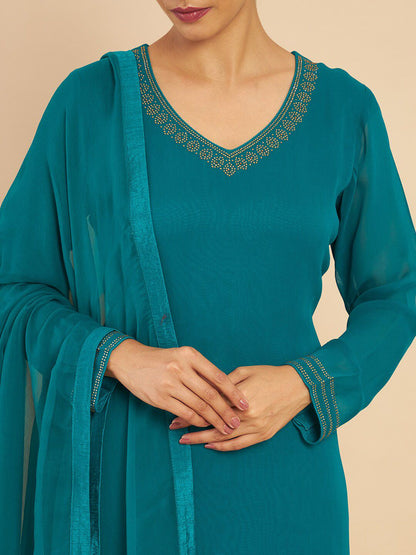 Dhiyona SO Women's Women Teal Solid V-Neck Kurta with Churidar & With Dupatta