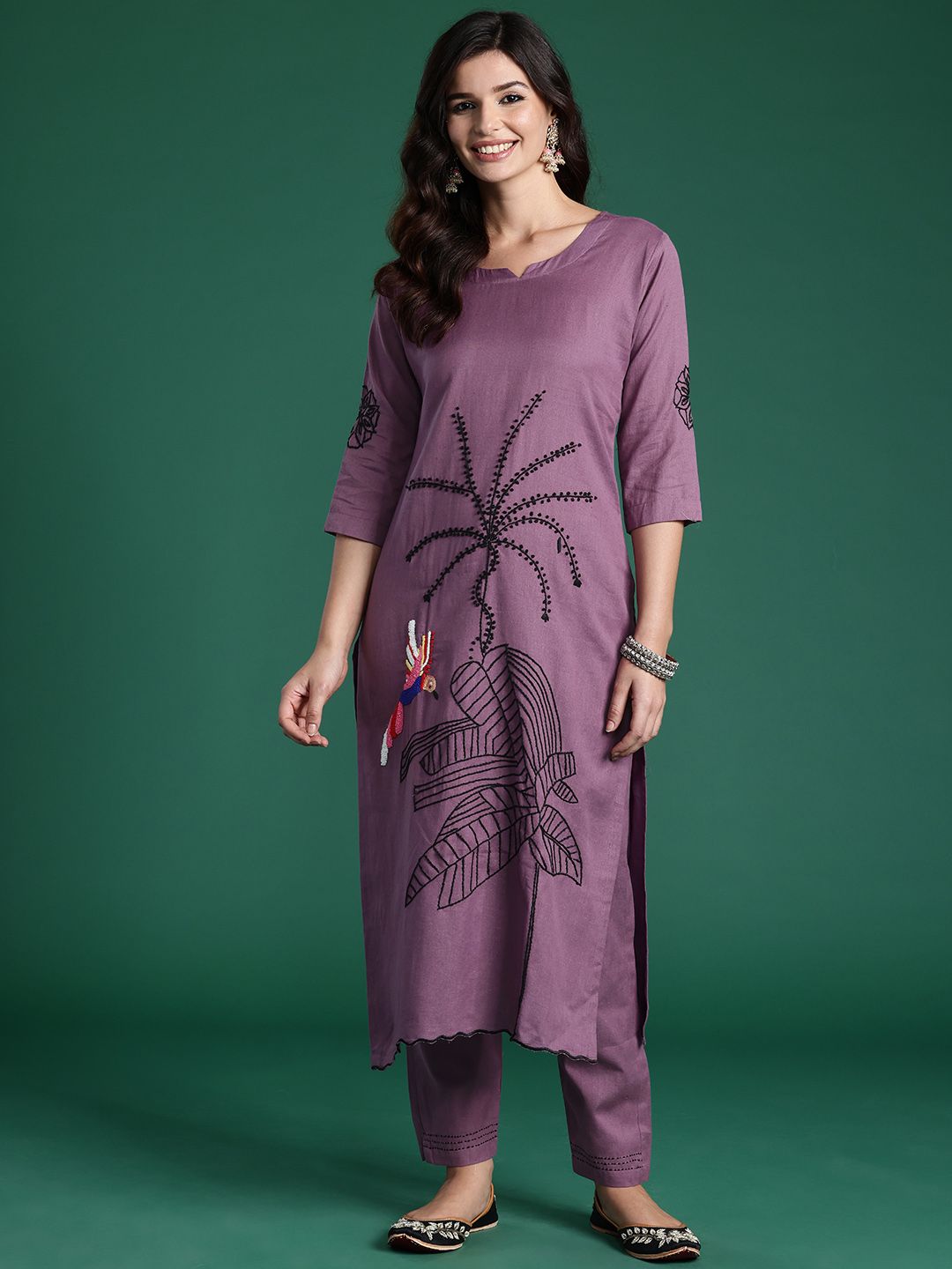 Dhiyona IE Women Floral Embroidered Regular Thread Work Pure Cotton Kurta with Trousers