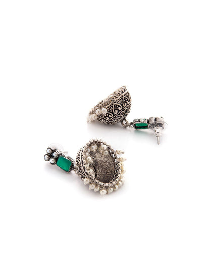 Dhiyona RJ Women's Silver-Toned & Green Dome Shaped Handcrafted Jhumkas