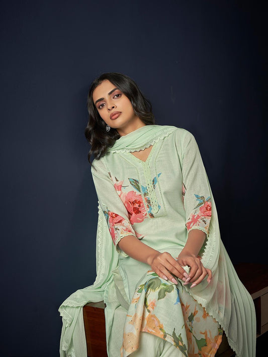 Dhiyona IE Floral Printed Regular Linen Straight Kurta With Trousers & Dupatta