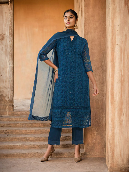 Dhiyona SO Women's Blue Paisey Embroidered Thread Work Straight Kurta & Trousers With Dupatta