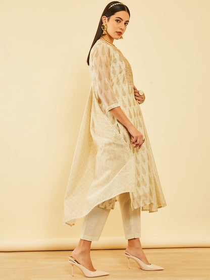 Dhiyona SO Women's Women Floral Printed Chanderi Silk Straight Kurta With Trousers & Dupatta