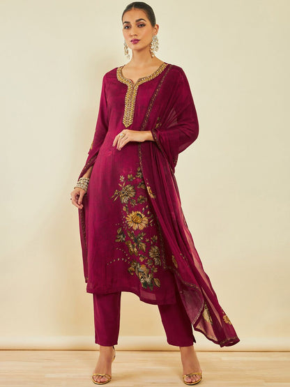 Dhiyona SO Women's Maroon Floral Printed Beads and Stones Kurta With Trousers & Dupatta