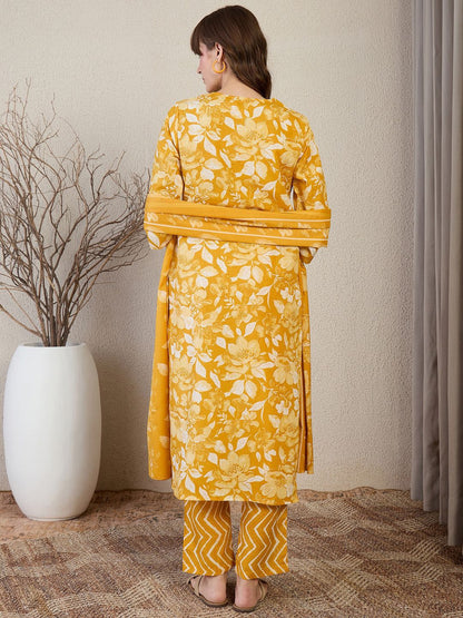 Dhiyona IE Floral Printed Thread Work Straight Kurta With Trouser & Dupatta